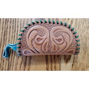 Vintage Small Brown Hand Tooled Leather Coin Purse Zipper Pouch